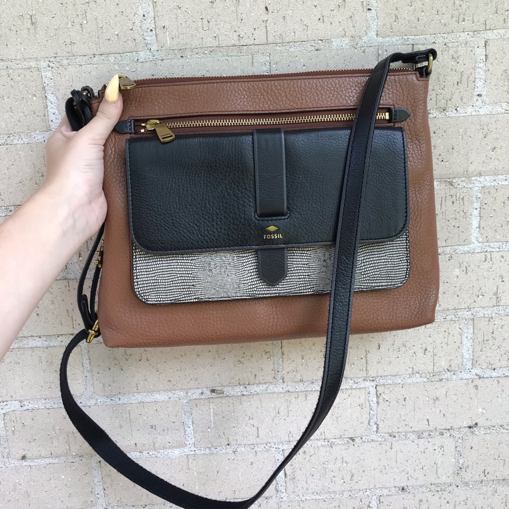 Fossil brown colorblock leather shoulder satchel - Picture 5 of 8